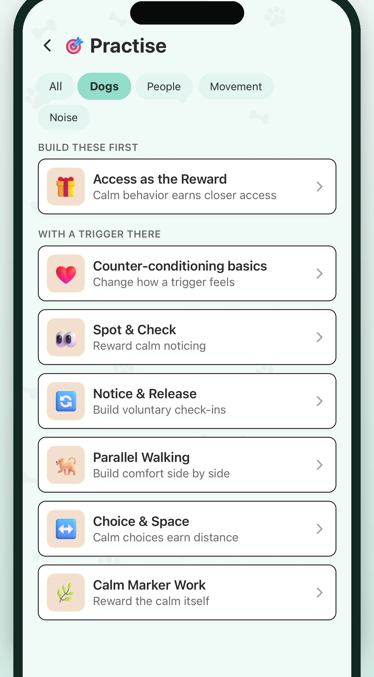 The guide screen in CalmDogs, showing the current stage and the next exercise to try on a normal walk.